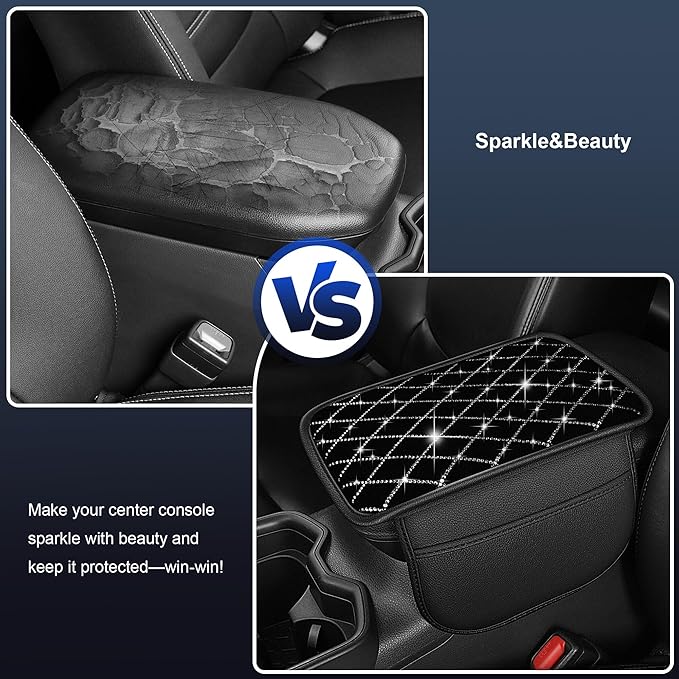 Bling Center Console Cover Fit for Nissan Pathfinder 1994-2025: with Quilting Pattern Crystal Rhinestone Automotive Armrest Cushion-Stylish Diamond Arm Rest Protection Mat(Black)