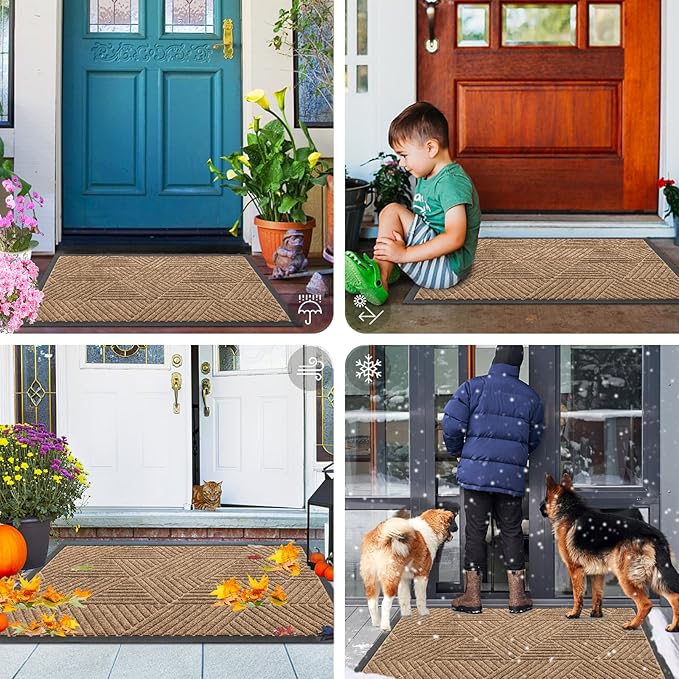 Smiry Front Door Mat Outside Entrance, Heavy Duty Sturdy Natural Rubber Doormat, Trap Dirt and Moisture, Easy Clean Low Profile Mats for Indoor Outdoor Entry, Irregular Triangle (47x32, Light Brown)