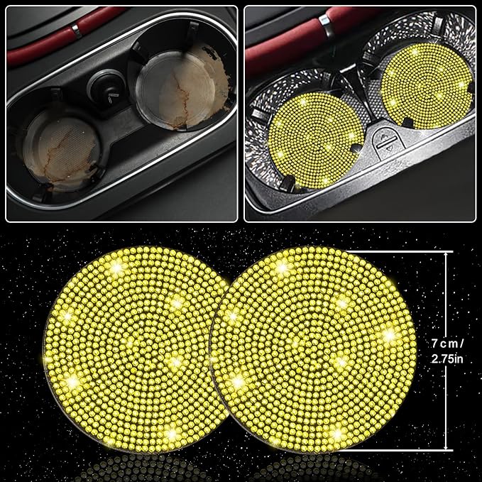 NBTEPEM 27 PCs Yellow Bling Car Accessories Set for Women, Steering Wheel Covers Universal Fit 15 Inch, Bling License Plate Frame, Bling Phone Holder, Bling Car Coasters (Yellow Diamond)
