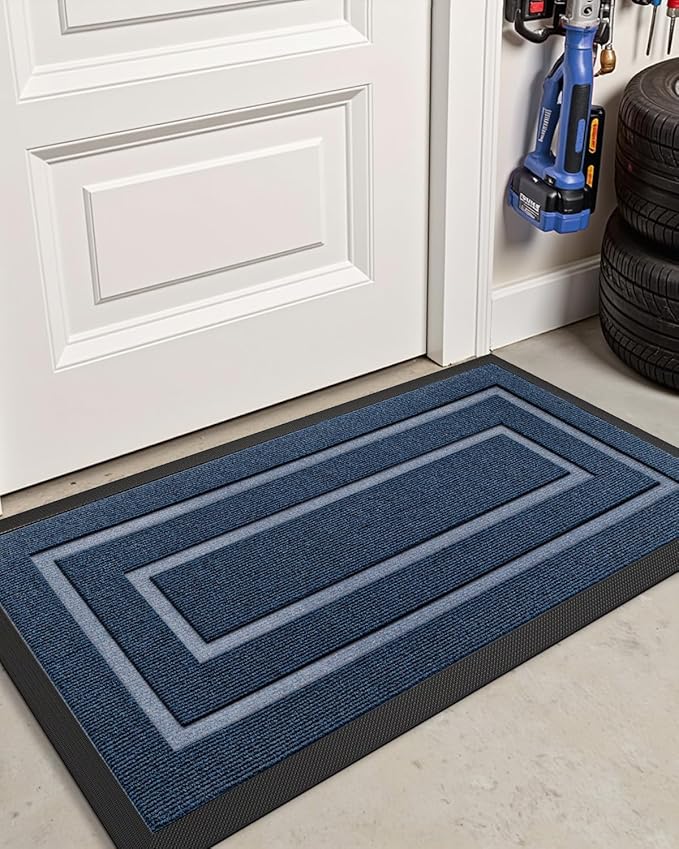 DEXI Front Door Mat Outside Entrance, Heavy Duty Rubber Backed Doormat, Stain and Fade Resistant, Low-Profile Easy Clean Entryway Floor Mats, 4x2, Rectangles Navy