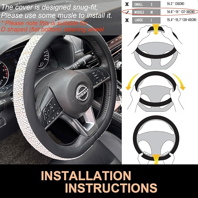 PINCTROT D Shaped Chenille Leather Steering Wheel Cover, Soft Mottled Colors, Sweat-Proof, Non-Slip Grip, All-Season Comfort, Flat Bottom 14.5-15 Inch(Mottled White)