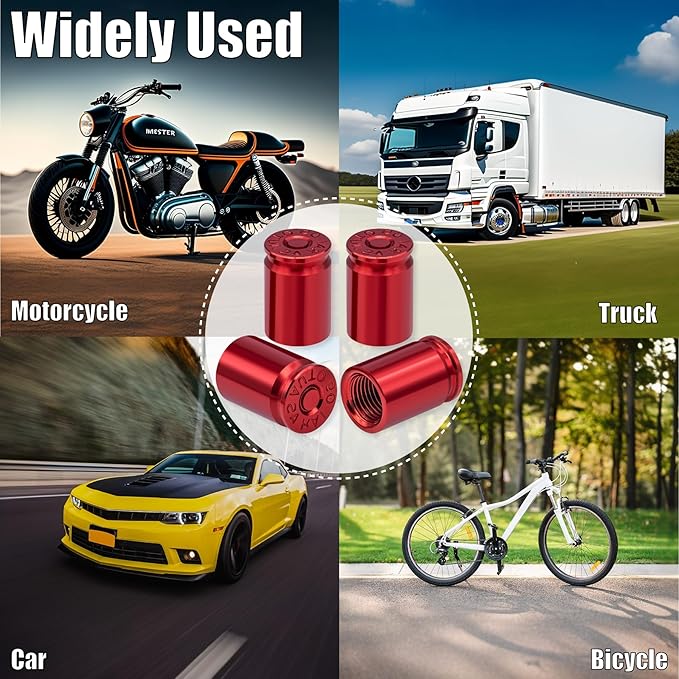 4PCS Bullet Shell Tire Valve Stem Caps, Aluminum Alloy Car Air Stem Cap, Universal Dustproof Tire Valve Stem Covers for Cars, SUV, Trucks, Bikes, Motorcycles, Bicycles (Red)