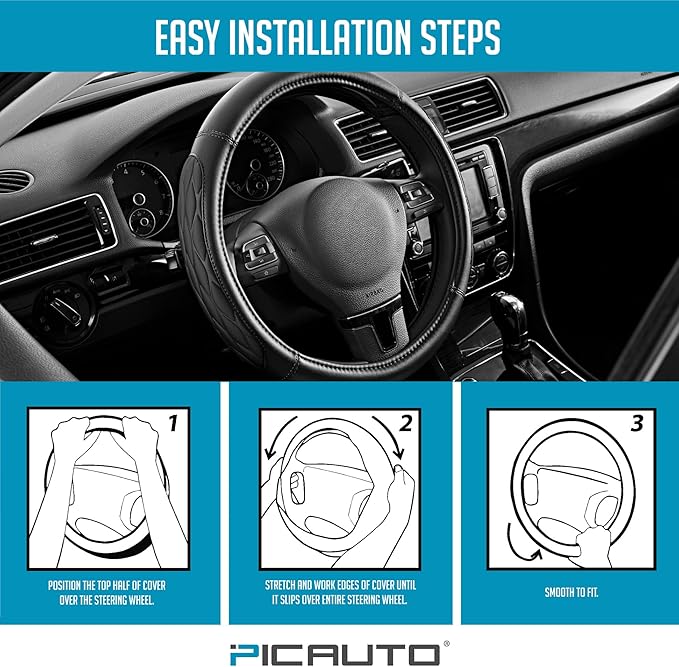 PIC AUTO Steering Wheel Cover, Black Thick Rhombic Foam and Premium Leather, Universal 14.5-15.5 Inch Breathable Anti-Slip Steering Wheels Accessories for Men & Women