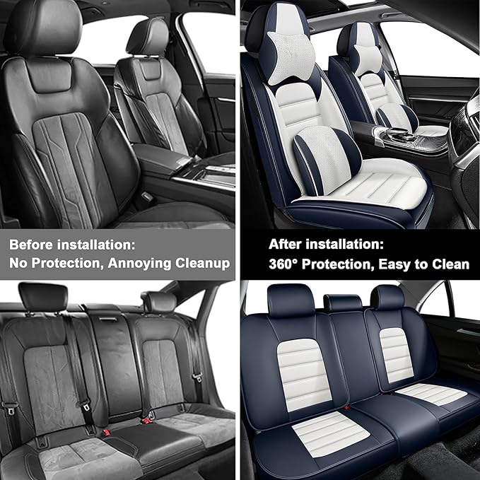 5 Car Seat Covers for Toyota RAV4 2000-2026 Breathable Leather,Waterproof Car Seat Protectors with Comfort Headrest Pillows,Automotive Vehicle Cushion with Storage Pockets (Luxury,Blue)