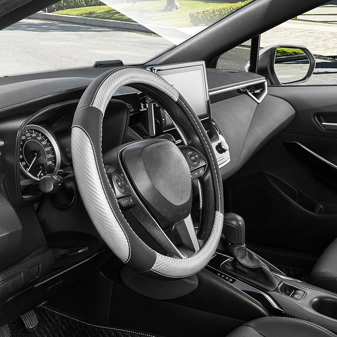 SEG Direct Car Steering Wheel Cover for F-150 Tundra Range Rover 15.5-16 inch, Auto Interior Accessories, Black with Sliver Carbon Fiber Pattern