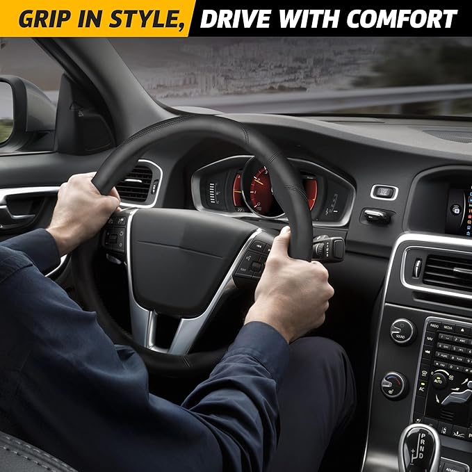 Econour Car Steering Wheel Cover | Premium & Durable PU with Anti-Slip Design | Universal Car Steering Wheel Cover Wheels - Fits 14.5"-15" | Truck Accessories - Black
