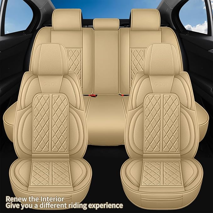 Leather Automotive Seat Covers Universal Fit for Cars, SUV, Sedans, Anti-Slip & Breathable (Beige, Front Seat)