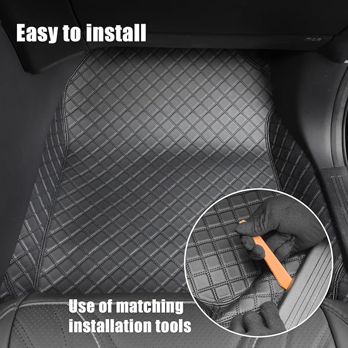 EKR Custom Floor Mats for Tesla Model 3 2024-2025, Front & 2nd Row Luxury Car Floor Mat Fit Model 3 2024 2025 - Leatherette Floor Liners (Black and Black Stitching)