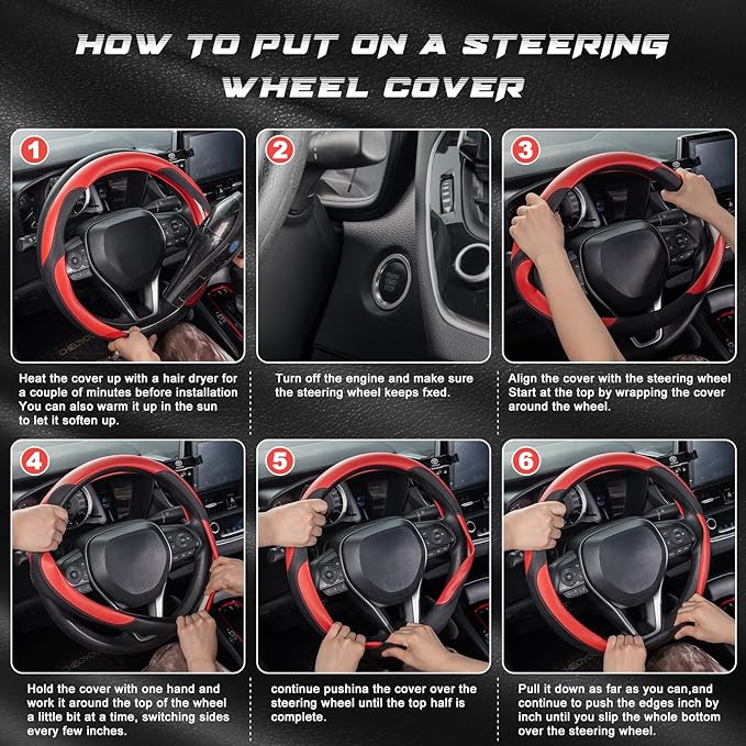 SEG Direct Car Steering Wheel Cover for Women Men, Standard Size 14.5-15 inch (37-39 cm), Auto Interior Accessories, Black and Red