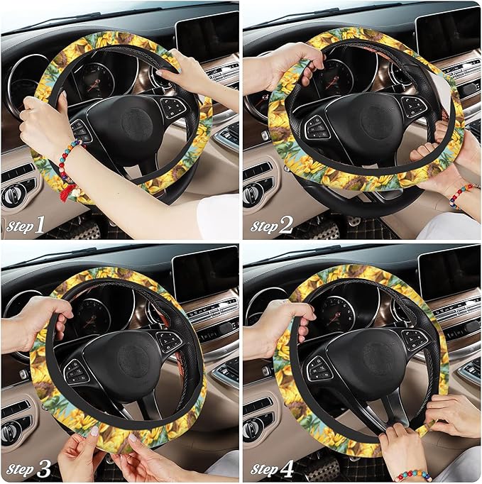 Watercolor Sunflower Steering Wheel Cover, Elastic Non-Slip Steering Wheel Protector,Auto Interior Decor for Women Girls,Universal 15" Fit for Sedans,Trucks