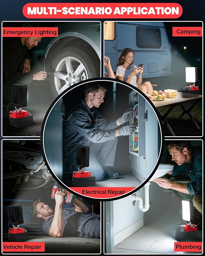 LIVOWALNY 30W LED Work Light Compatible with Milwaukee Battery, Portable 3000LM Flood Flashlight Tools 140° Adjustable Head with USB & Type C Output Port for Camping, Hiking, Construction, Emergency