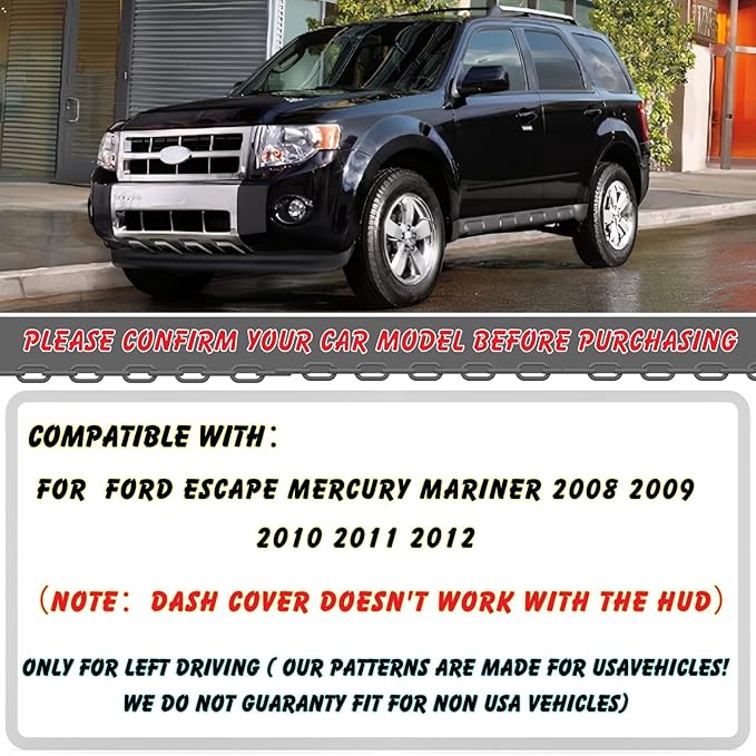 Non-Slip Dash Cover Dashboard Cover Mat Custom Fit Center Console Cover Sunshield Protector Pad Compatible with Ford Escape Mercury Mariner 2008 2009 2010 2011 2012 Accessories (Black Trim)