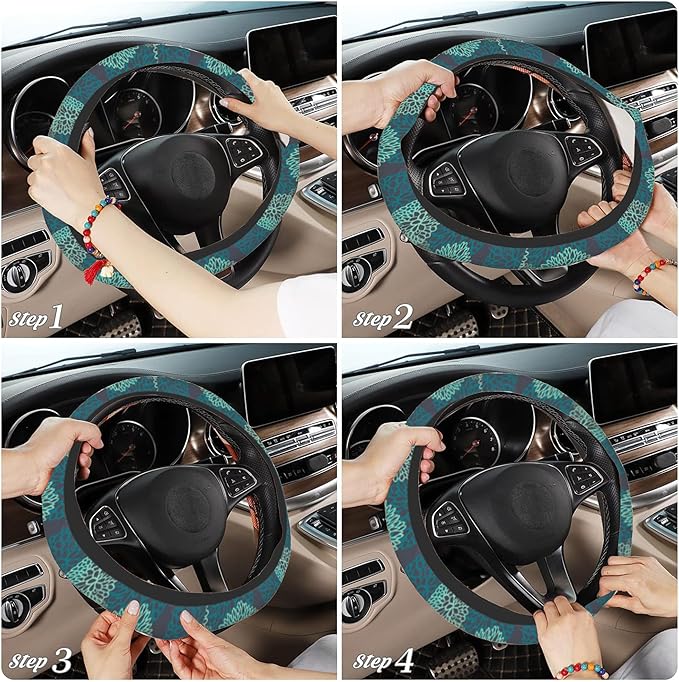 Abstract Green Blue Dahlia Steering Wheel Covers Universal 15 Inch Car Wheel Cover,Anti-Slip Breathable Car Accessories Protector Fit for Trucks,Sedans,SUVs,Vans