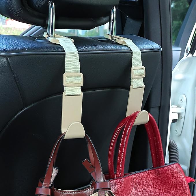 Amooca Headrest Hooks for Car Adjustable 4 Pack Vehicle Seat Back Organizer Storage Hanger Holder for Purse Bags Universal Fit with Clip Beige