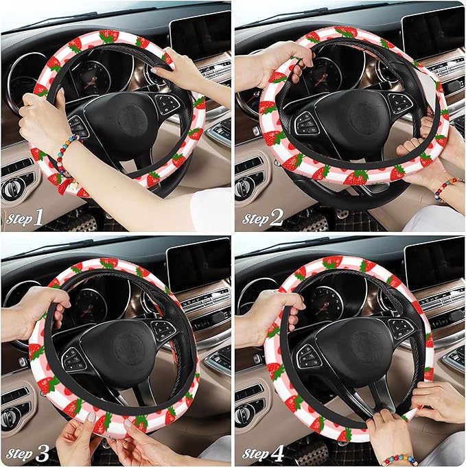 Strawberry Car Steering Wheel Cover, Pink Striped Non-Slip Absorbing Sweat Car Wheel Cover Accessories for Men Women,Universal 15" Fit Auto SUV Vans Trucks