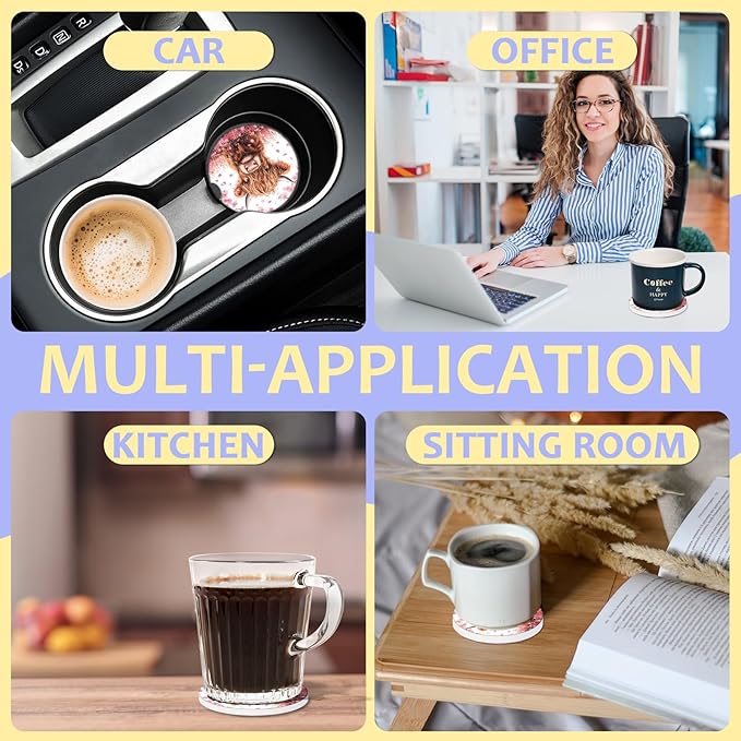 2 Pack Car Cup Holder Coaster-Highland Cow Absorbent Ceramic Coaster,Cherry Blossom Car Coasters for Cup Holders,Auto Accessories for Women & Men