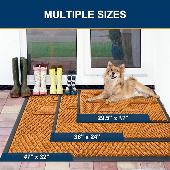 Smiry Front Door Mat Outside Entrance, Heavy Duty Sturdy Natural Rubber Doormat, Trap Dirt and Moisture, Easy Clean Low Profile Mats for Indoor Outdoor Entry, Irregular Triangle (36x24, Amber)