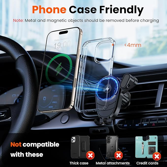 Wireless Car Charger Mount, 15W/10W/7.5W Fast Charging Air Vent Car Phone Holder Mount Compatible with iPhone 17/16/15/14/13/12/11/10 Series, Samsung Galaxy Series