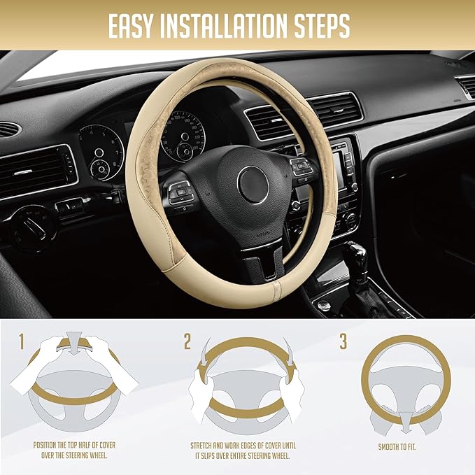 PIC AUTO Steering Wheel Cover, Gold Patterned Leather Patchwork Design, Universal Fit 14.5"–15.5", Anti-Slip, Odor-Free, Soft PU Grain Leather, Durable Grip Car Accessory for Girls & Women