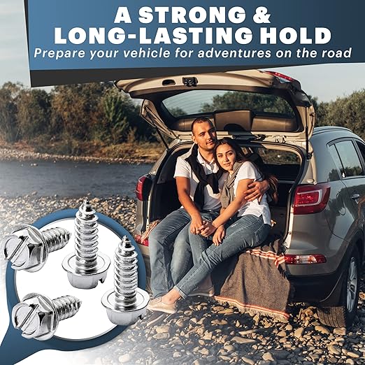 Chrome License Plate Screw Kit - Set of 8 Stainless Steel Fasteners for License Plates, Frames, and Covers on Domestic Cars, Trucks, Vans, SUVs - Rustproof, Self Tapping Mounting Bolts (Chrome Plated)