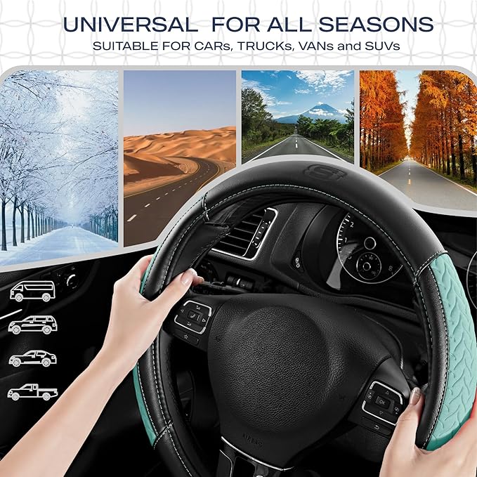 Skechers Steering Wheel Cover,Max Cushioning Leather Steering Wheel Cover Universal Fit 14" 1/2-15" Car Wheel Protector for Men Women Fit Suvs,Vans,Sedans,Car,Trucks,Mint