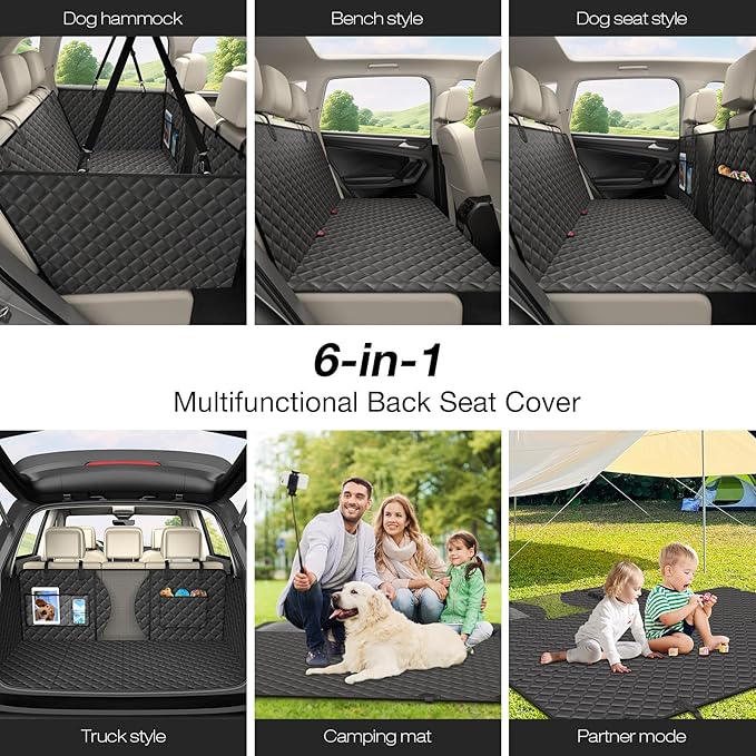AsFrost Upgraded PU Leather Dog Car Seat Cover for Back Seat, Waterproof Scratchproof Back Seat Extender Protector with Hard Bottom for Dogs Travel Camping, Dog Hammock Bed for Cars SUVs Trucks-Black
