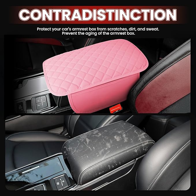 Upgraded Car Center Console Cover with 2 Storage,Arm Rest Covers Armrest Cover for Car, Microfiber Leather Car Armrest Cover Cushion, Universal Car Interior Accessories for Vehicles(Pink Longer)