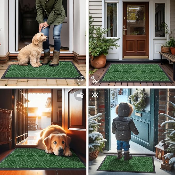 Smiry Front Door Mat Outside Entrance, Heavy Duty Sturdy Natural Rubber Doormat, Trap Dirt and Moisture, Easy Clean Low Profile Mats for Indoor Outdoor Entry, Grid Geometric (29.5x17, Green)