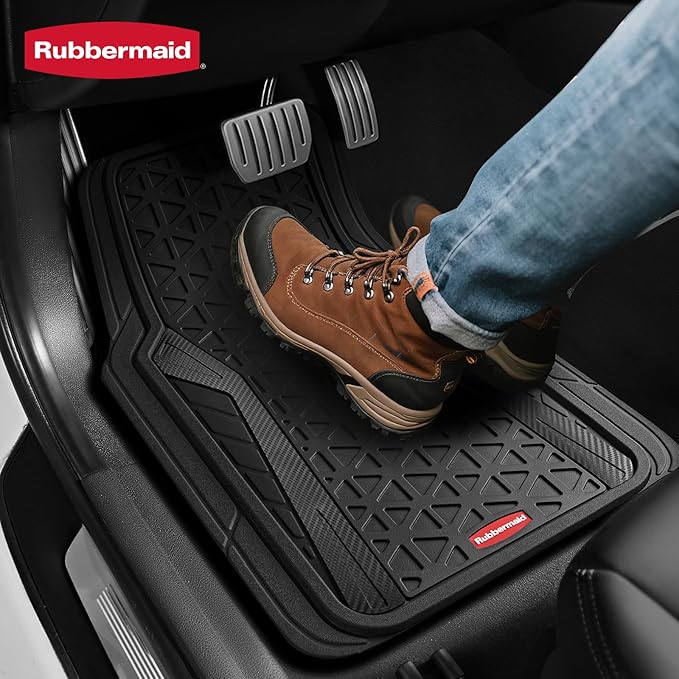 Rubbermaid Car Floor Mats Full Set, Premium Heavy Duty All-Weather Car Mats– Rugged Rubber with Brushed Aluminum Inserts, Universal Trim-to-Fit, Anti-Slip Backing for Cars, SUVs, Trucks & Vans - Black