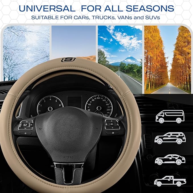 Skechers Memory Foam Steering Wheel Cover,Grade Protein Leather Steering Wheel Cover,Universal Fit 14" 1/2-15" Car Steering Wheel for Men Women Fit Suvs,Vans,Sedans,Car,Trucks,Beige