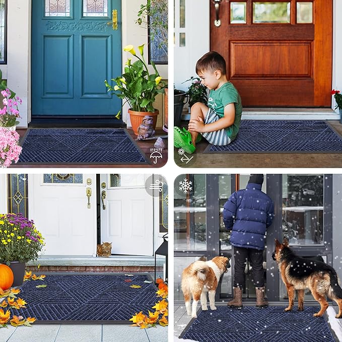 Smiry Front Door Mat Outside Entrance, Heavy Duty Sturdy Natural Rubber Doormat, Trap Dirt and Moisture, Easy Clean Low Profile Mats for Indoor Outdoor Entry, Irregular Triangle (59x24, Navy Blue)