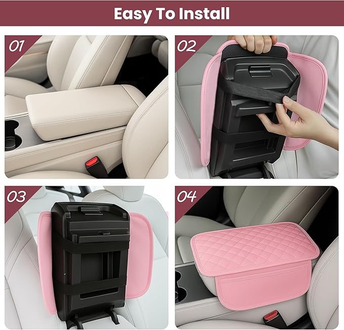 Upgraded Car Center Console Cover Pink,Microfiber Leather Car Armrest Cover Cushion with 2 Storage Bags,Universal Car Armrest Storage Box Car Interior Accessories for Most Vehicles (Pink)