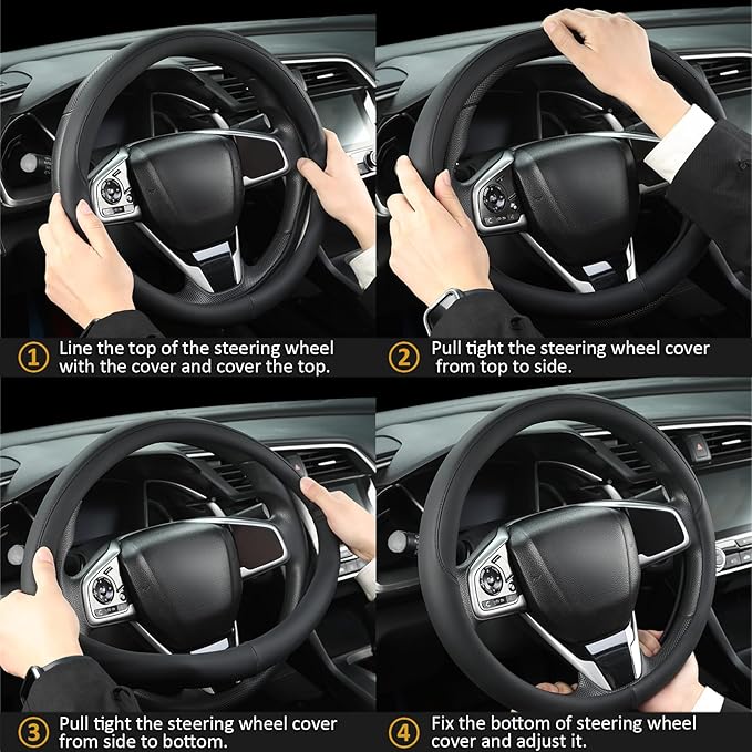 West Llama Thin Car Steering Wheel Cover, Universal 14.5-15 inch Nappa Leather Steering Wheel Cover, Ultra Thin, Anti-Slip, Breathable(Black-Standard Size)