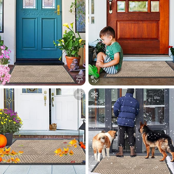 Smiry Front Door Mat Outside Entrance, Heavy Duty Sturdy Natural Rubber Doormat, Trap Dirt and Moisture, Easy Clean Low Profile Mats for Indoor Outdoor Entry, Irregular Triangle (36x24, Mixed Camel)