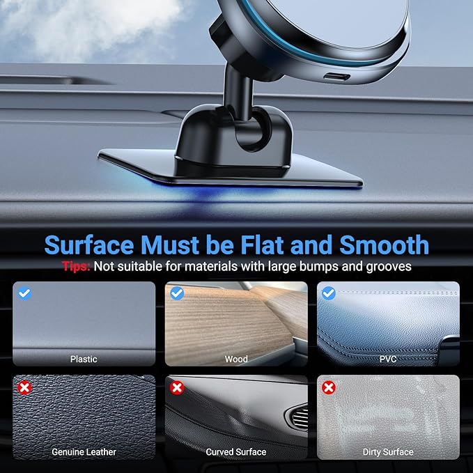This Hill 15W Fast Magnetic Car Phone Mount - 2-in-1 Dashboard/Air Vent Mount with 360° Rotation & Secure Double Hook Clip, Compatible with MagSafe Case, iPhone, Samsung & More