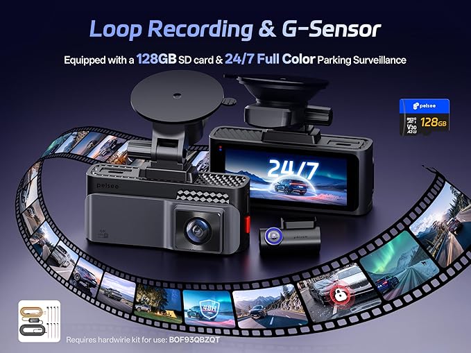 Pelsee S3 Touch 4K Dash Cam Front and Rear, STARVIS 2 Sensor, STARLIT™ Full Color Night Vision, 128GB Card, WiFi 6, ADAS, Dash Camera for Cars with 3.39"IPS Screen, Voice Control, 24H Parking Mode GPS