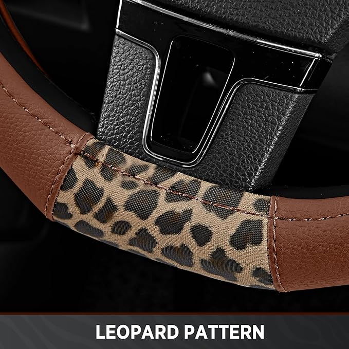 Road Comforts D-Type Steering Wheel Cover - Made with PVC Leather and Leopard Fabric - Universal Fit for 15-Inch D-Shaped Automotive Steering Wheels (Brown Color)