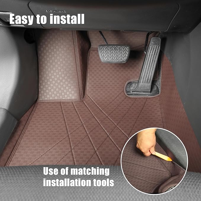 EKR Custom Floor Mats for Tesla Model 3 2017-2023, Front & 2nd Row Luxury Car Floor Mat Fit Model 3 2017 2018 2019 2020 2021 2022 2023 - Leatherette Floor Liners (Brown)