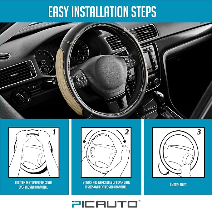 PIC AUTO Steering Wheel Cover, Beige Thick Rhombic Foam and Premium Leather, Universal 14.5-15.5 Inch Breathable Anti-Slip Steering Wheels Accessories for Men & Women