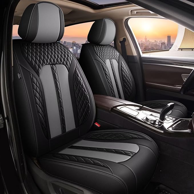 AOMSAZTO Car Seat Cover Fit for Chevrolet Traverse 2018-2024 Leather Vehicle Cushions Cover Seat Protector Automotive 2PCS Front Seat Covers Waterproof Compatible Airbag Black&Gray