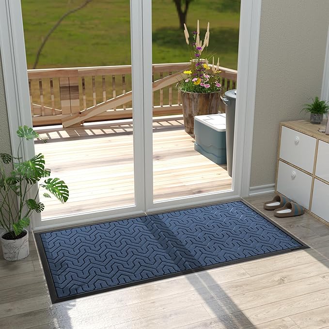 Yimobra Large Door Mat Outside Entrance 47x24, Waterproof Heavy Duty Outdoor Mats for Front Door, Non Slip Rubber Entry Mat for Garage Patio Indoor, Easy Clean, Blue