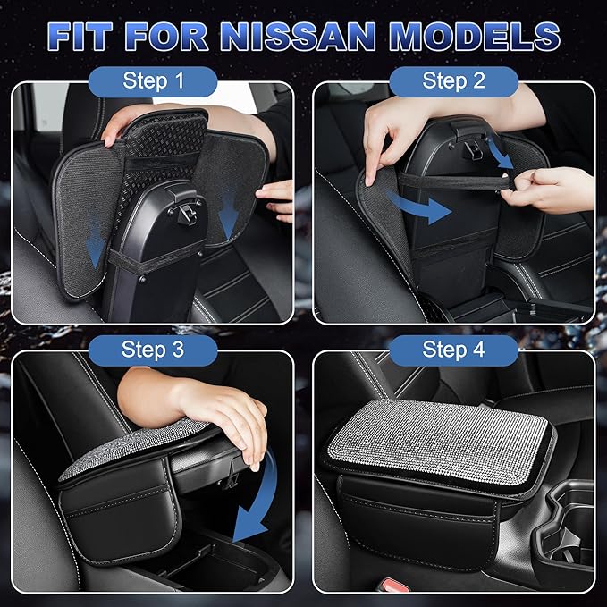 Bling Center Console Cover Fit for Nissan Pathfinder 1994-2025: Crystal Rhinestone Automotive Armrest Cushion-Stylish Diamond Arm Rest Protection Mat(Black)