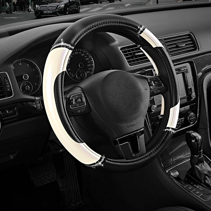 Road Comforts Leather Steering Wheel Cover - Made with PVC Leather - Anti-Slip, Universal Fit 14 1/2 inches to 15 inches - White