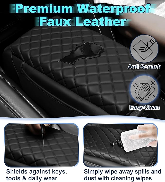 Armrest Cover for Ford Bronco 2021-2025 Center Console Pad with Organizer Storage Pockets, Black Faux Leather Arm Rest Lid Protector Cushion Interior Accessories 2/4 Door (for Bronco)