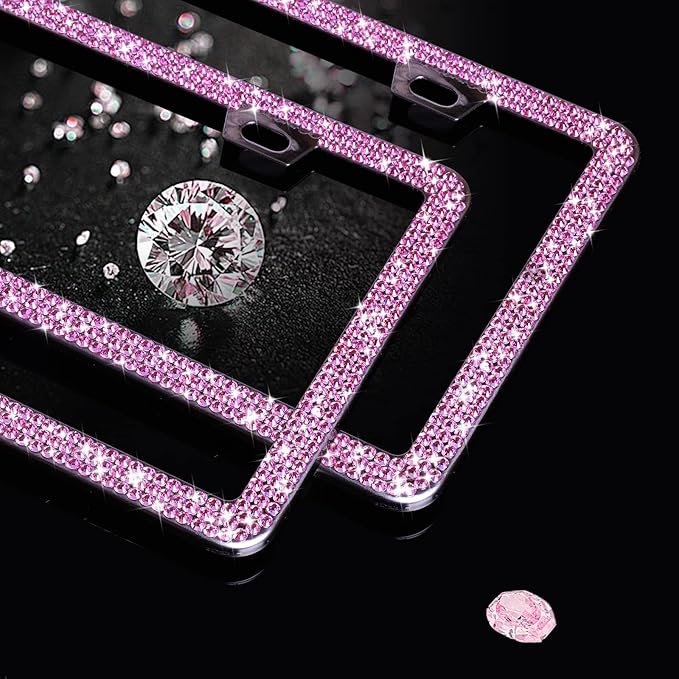Pink License Plate Frame 2 Packs Bling License Plate Frame for Women Sparkly Diamond License Plate Frames Glitter Rhinestone License Plate Frame with Pink Tire Valve Caps with Giftbox