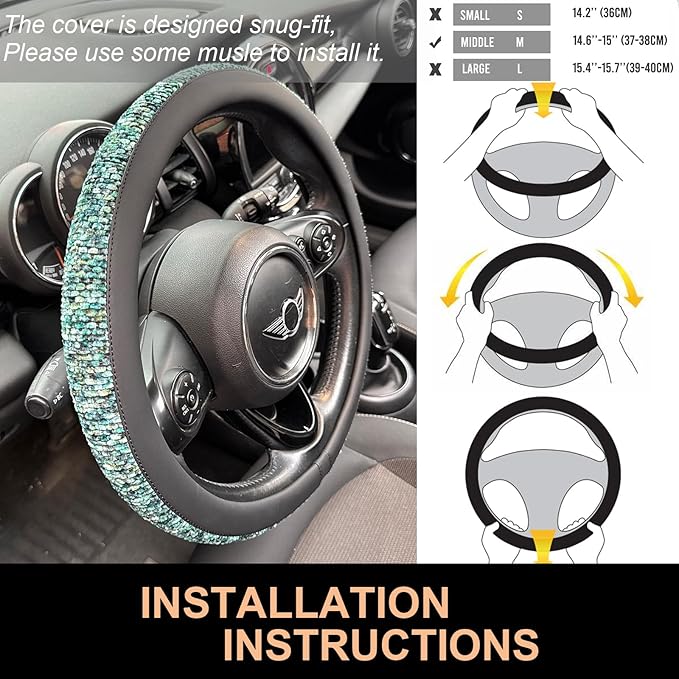 PINCTROT Chenille Leather Steering Wheel Cover, Soft Mottled Colors, Sweat-Proof, Non-Slip Grip, All-Season Comfort, Universal 14.5-15 Inch(Mottled Teal)