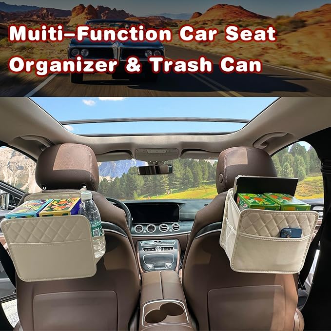 Upgrade Car Seat Organizer Backseat with Storage Pockets, Multipurpose Car Organizer Hanging, Car Trash Bag Can,Premium PU Leather Garbage Can 2.14 Gallon Large Capacity Accessories Beige
