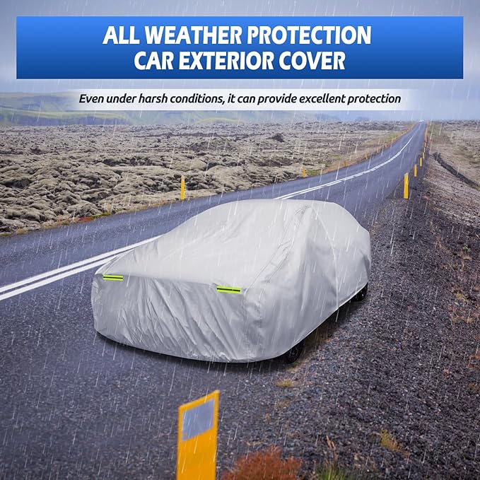 6 Layers Car Cover Waterproof All Weather for Automobiles, Size A3 with Zipper Cotton Fit for Toyota Camry, Honda Accord, Ford Mustang, Chevy Camaro/Malibu,Kia Optima(187-198 inch), Silver