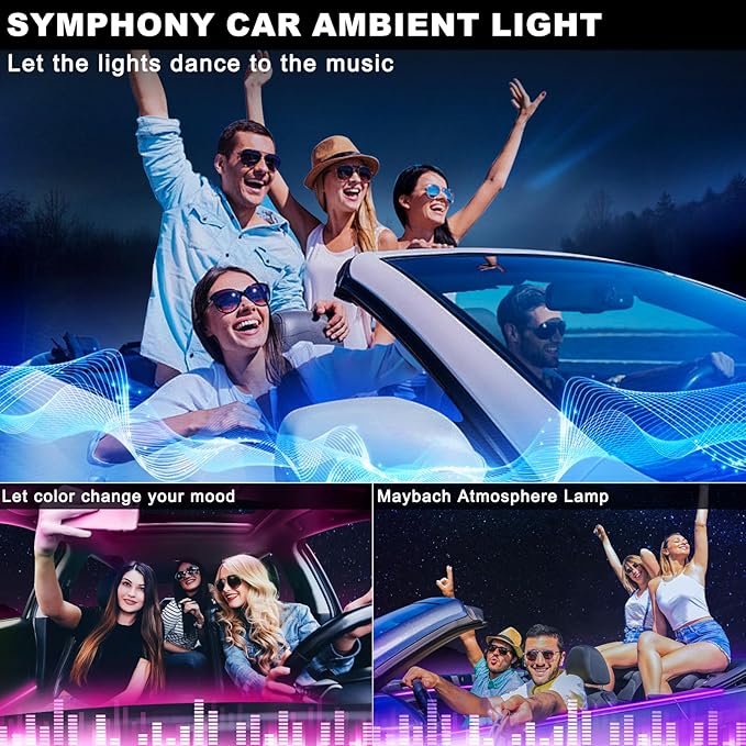 Acrylic Interior Car LED Strip Light with Wireless APP, Car Accessories 6 in 1 with 175 inches 593 LEDs Fiber Optic Ambient Lighting Kits, RGB Dynamic Music Sync Neon LED Strip Light for Car