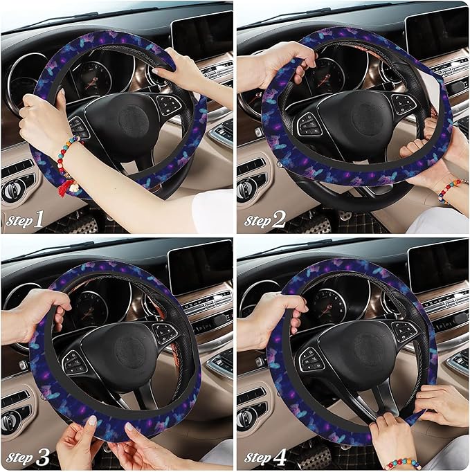 Purple Cosmic Galaxy Sea Turtle Car Steering Wheel Cover for Women Men with 2 Pcs Car Coasters,Universal 15 Inch Steering Wheel Covers Anti-Slip and Practical Auto Accessories Fit Auto,Suvs